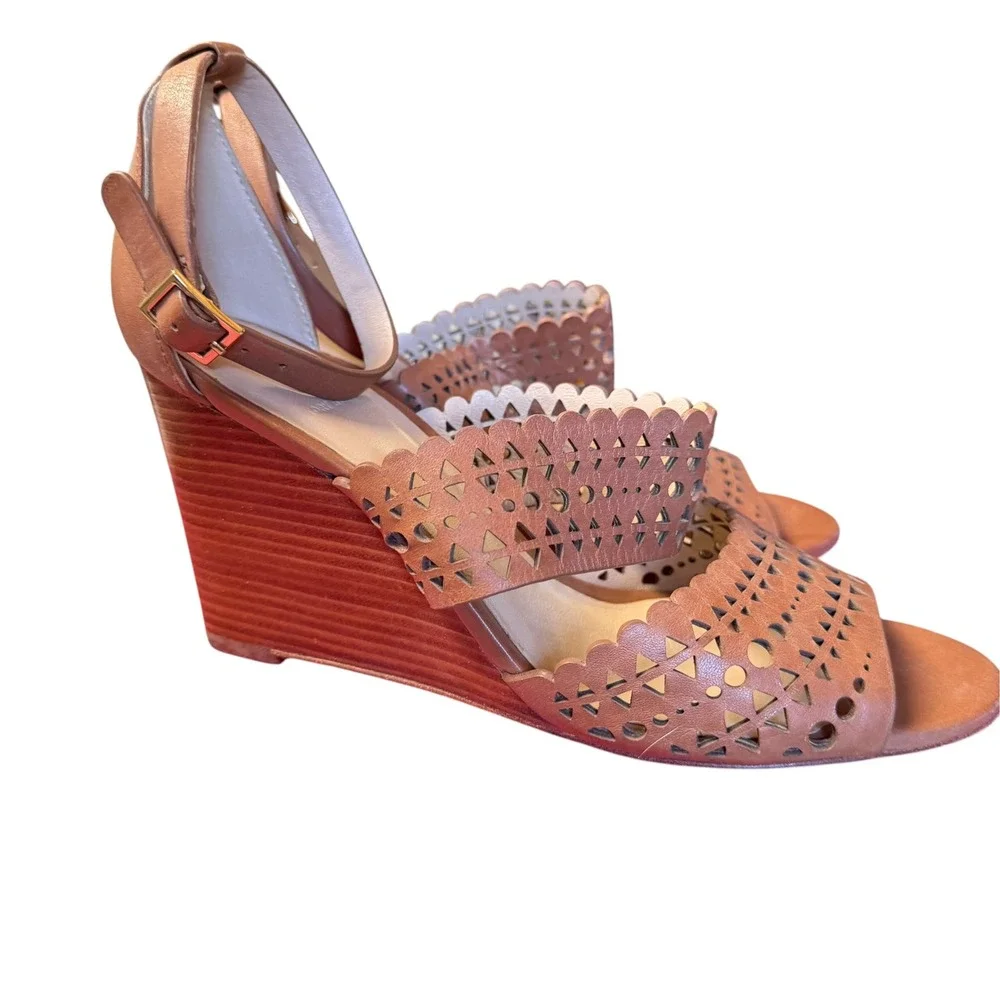 Tory Burch Tan Leather Laser Cut Scalloped Wedge Sandals Ankle Strap Womens 6.5